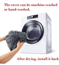 Person washing a plush pet bed cover in a washing machine, demonstrating its machine-washable feature.