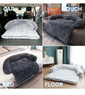 Calming dog bed in four settings: car, couch, bed, and floor, showcasing its versatility and plush comfort for pets.