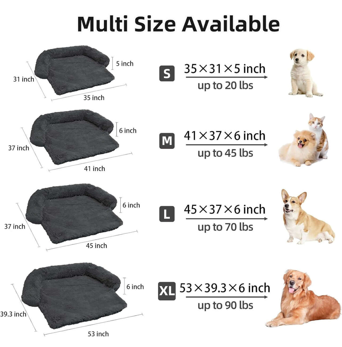 Large dark grey plush dog bed featuring a sleeping dog, designed for comfort and support with cozy curved edges.