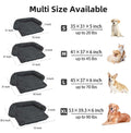 Multi-size options for calming dog bed with dimensions for small, medium, large, and extra-large pets in dark grey.